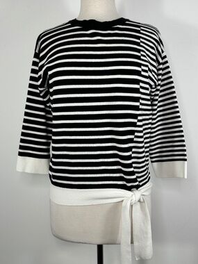 Spring & Mercer Women Sz M Black/White Stripes Pullover Sweater Tie at Waist W w